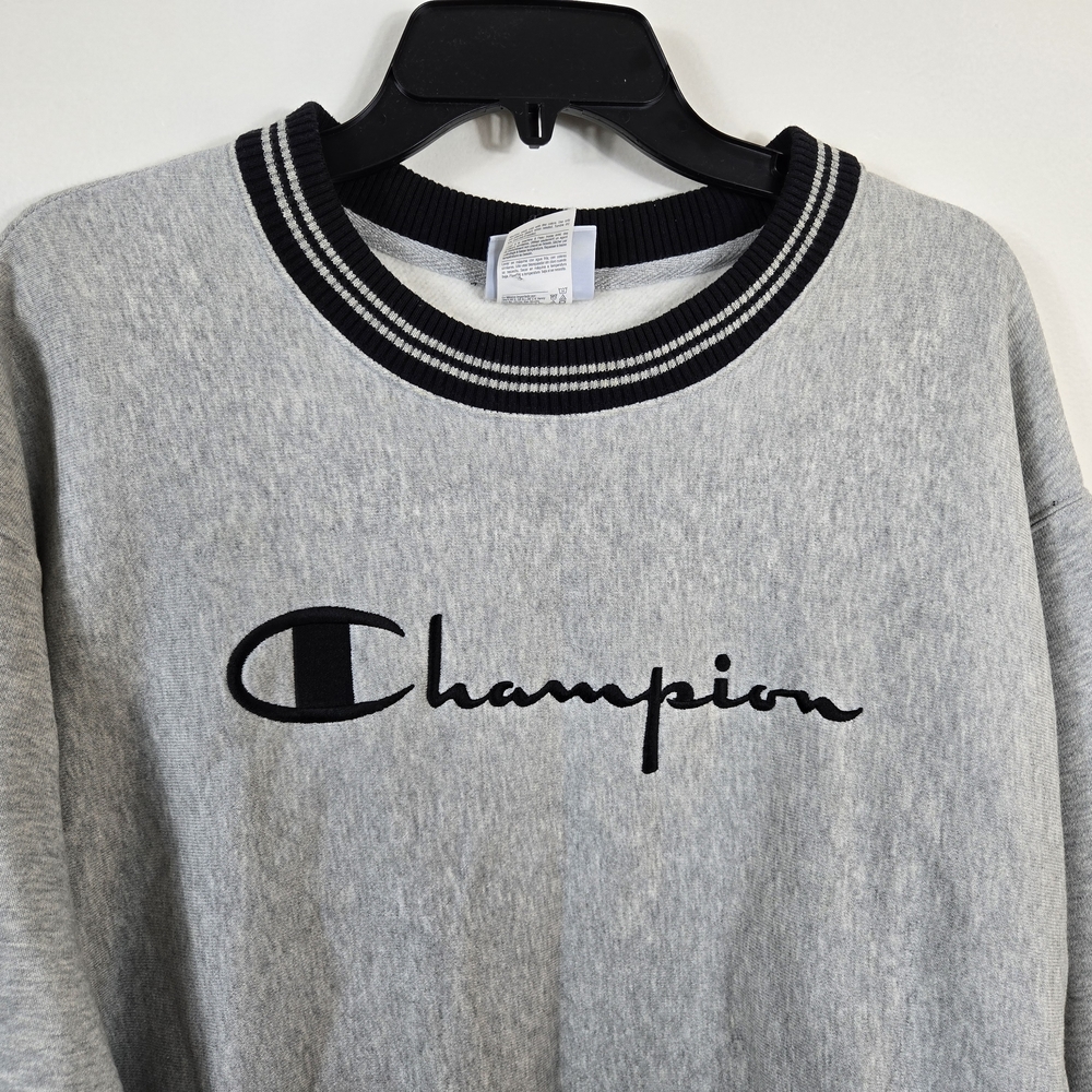 Champion Reverse Weave Men's Oxford Grey Yarn Dye Rib Trim Sweater Large Vintage